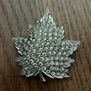 Signed Vintage Rhinestone Silver Tone Maple Leaf Brooch
